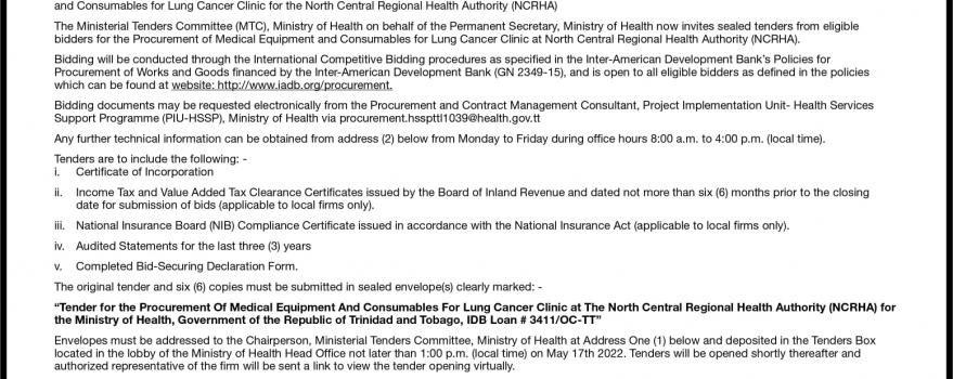 Tender Notice – Procurement of Medical Equipment and Consumables for Lung Cancer Clinic