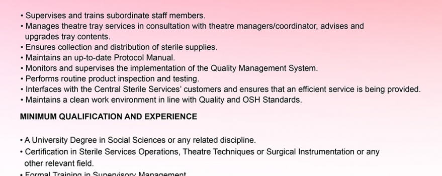 Vacancy – Supervisor, Sterile Service